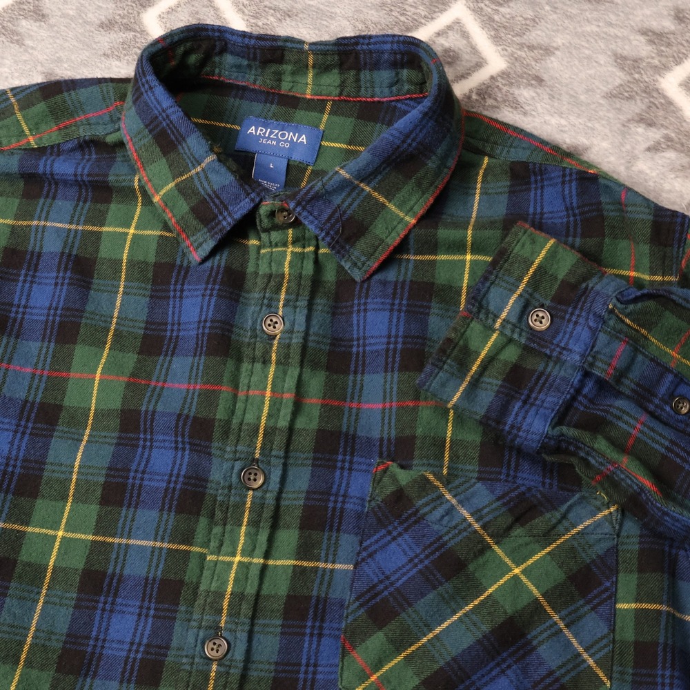 Arizona Jean Co Mens L Green Blue Blackwatch Plaid Flannel Button Shirt Long Slv